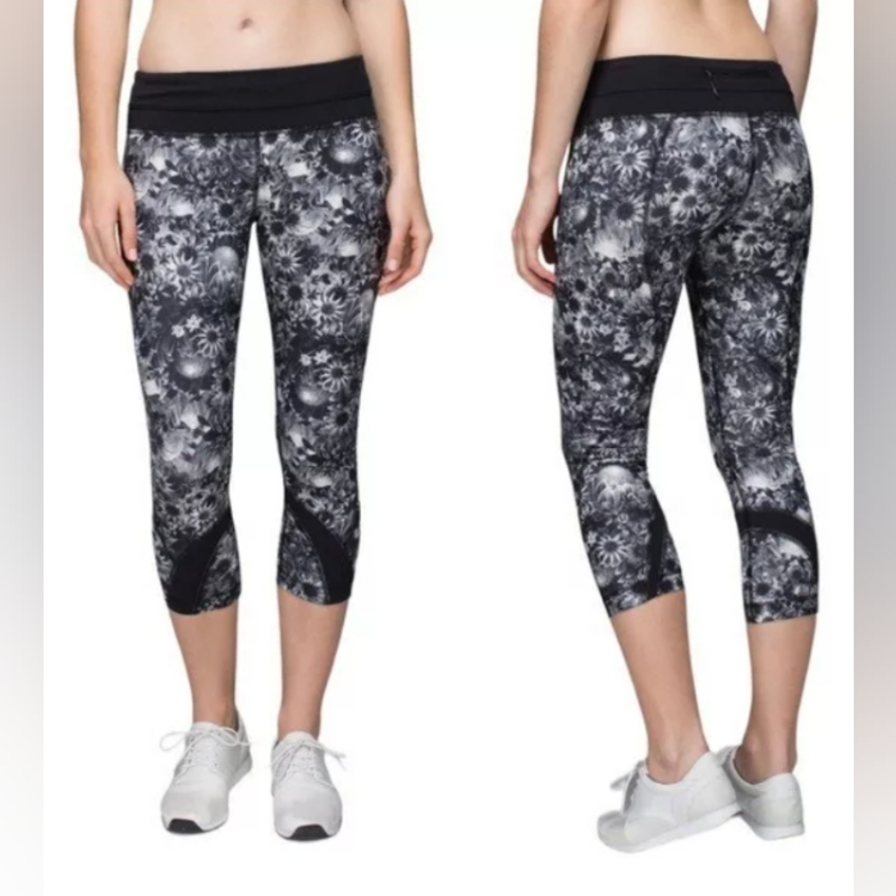 Lululemon Run Inspire Crop Luxtreme Flowabunga Black Angel Wing Leggings Size 6